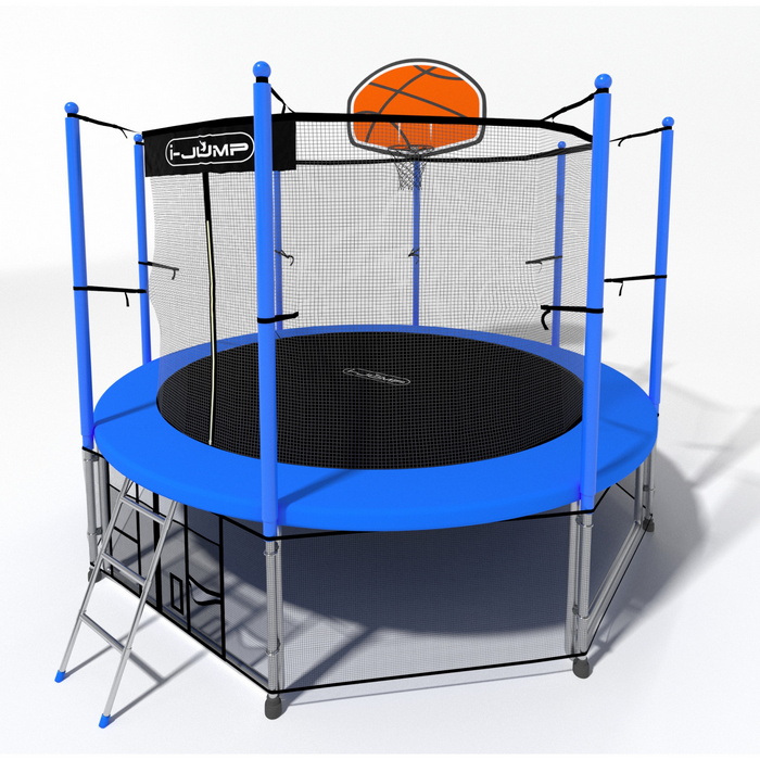 Батут i-Jump Classic Basket 10FT 306 см с нижней сетью и лестницей синий 700_700